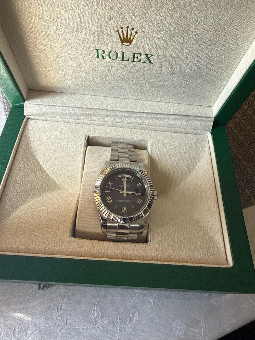 Rolex Silver Men's Stainless Steel Watch with Black Dial